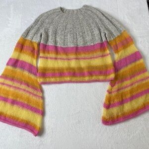 Handmade Super Soft sz SmallTwo Tone Stripe Cropped Bell Sleeve Pink Gray Hippie